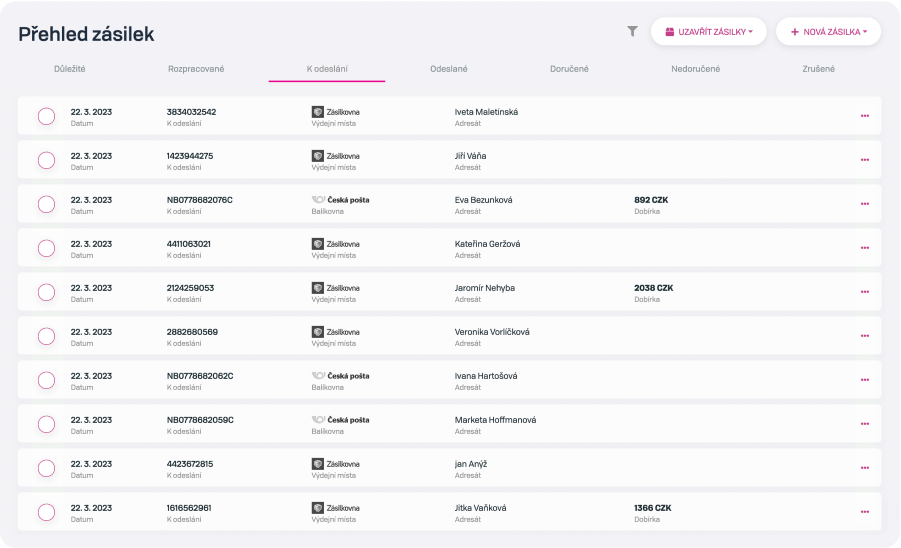 Přehled o všech zásilkách